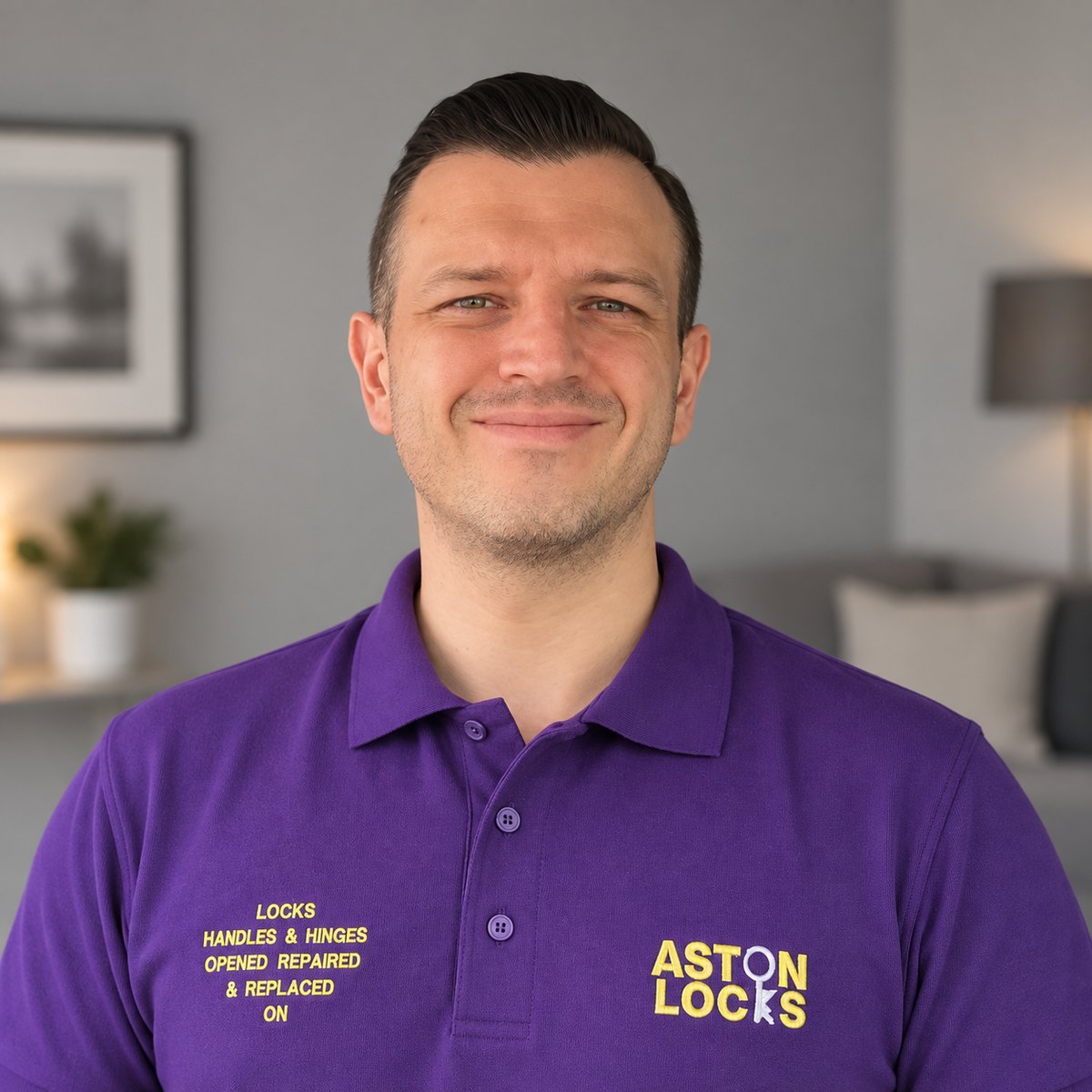 Daimon Santo, Director of Aston Locks, in an Aston Locks polo shirt